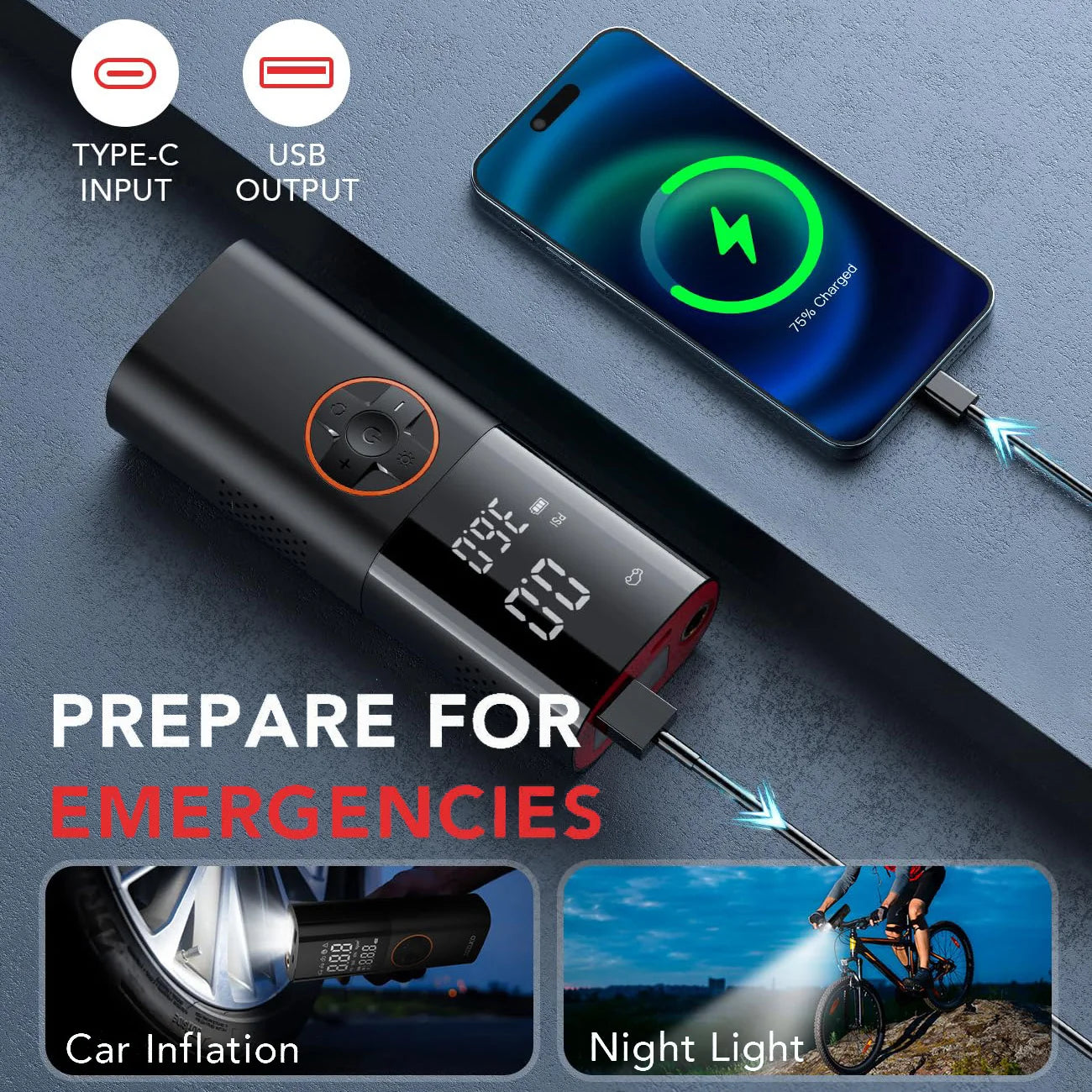 Tire Inflator Portable Air Compressor, Air Pump for Car Tires with LED Lights&Pressure Gauge for Auto, Motorcycles, Bikes, Balls