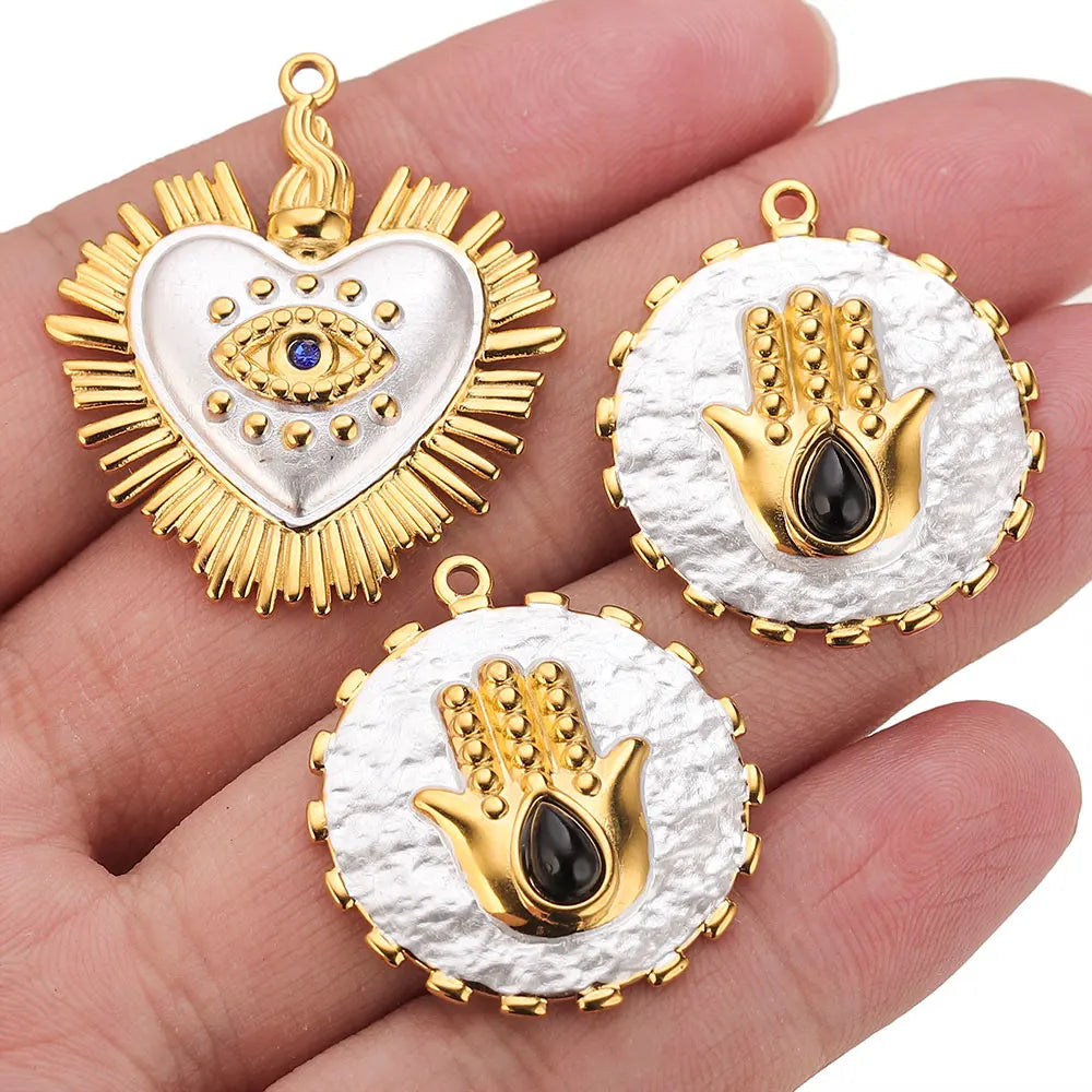2PCS Gold-Plated Stainless Steel Charms Hand Evil Eye Heart Pendant Accessories For DIYJewelry Earrings Making Supplies Finding