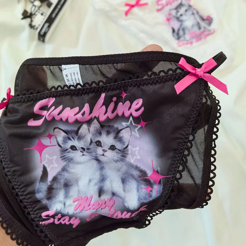 Cute Cat Girls Panties Thin Sexy Japanese Women Briefs Ice Silk Lady Thong Underwear Female Low Waist G String Lingerie