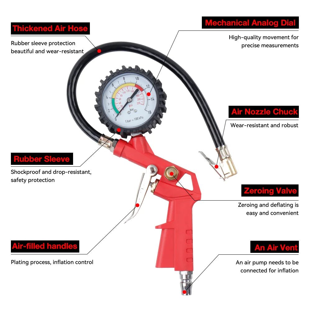 Tire Pressure Gauge, 0-220PSI/0-16Bar Dual Scale, with Rubber Hose, Auto Repair Tool, JP Interface, for Cars/Motorcycles/Trucks