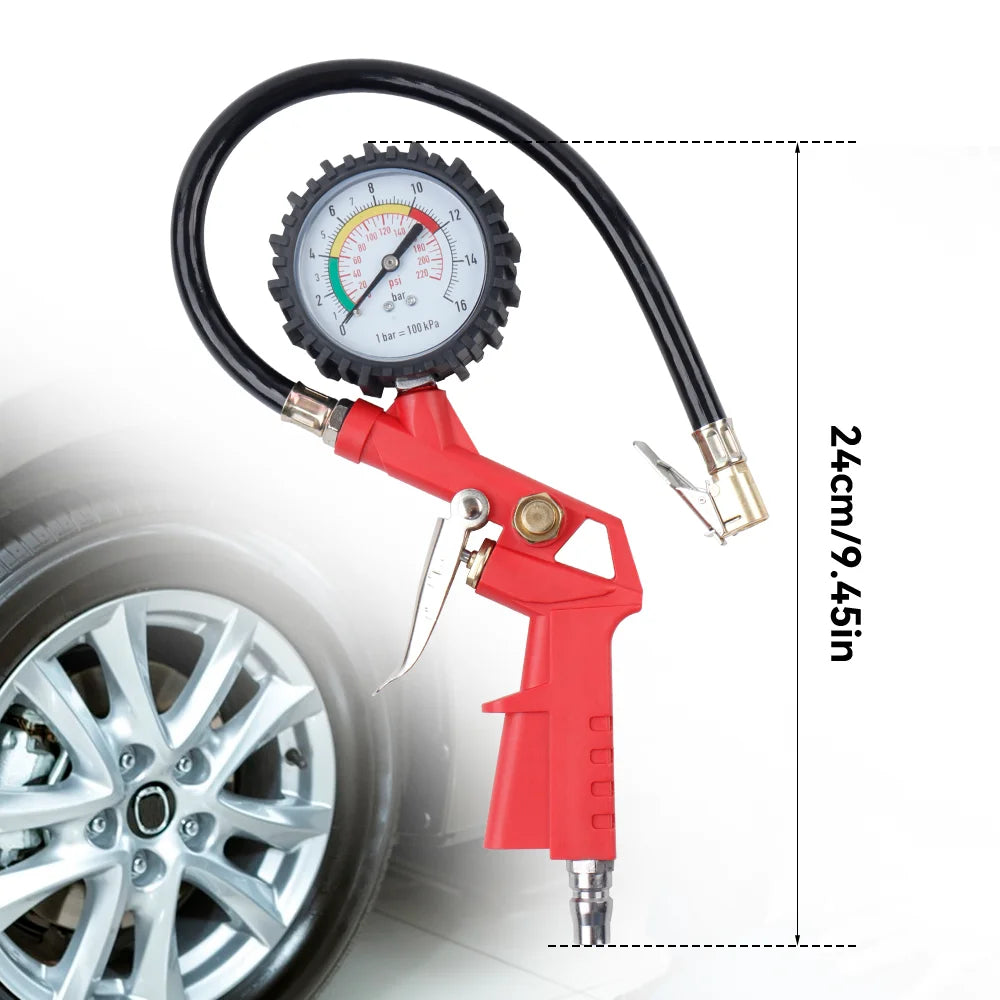 Tire Pressure Gauge, 0-220PSI/0-16Bar Dual Scale, with Rubber Hose, Auto Repair Tool, JP Interface, for Cars/Motorcycles/Trucks