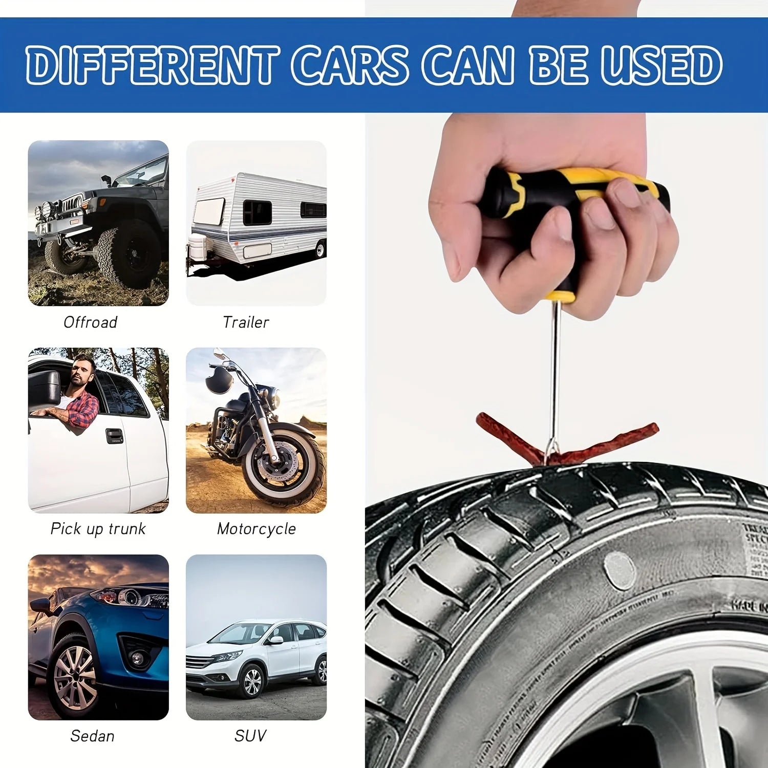 Emergency Heavy Duty Car Tire Repair Kit Multiple Sizes Tubeless Puncture Plug Garage Tools for Auto Bike Motorcycle