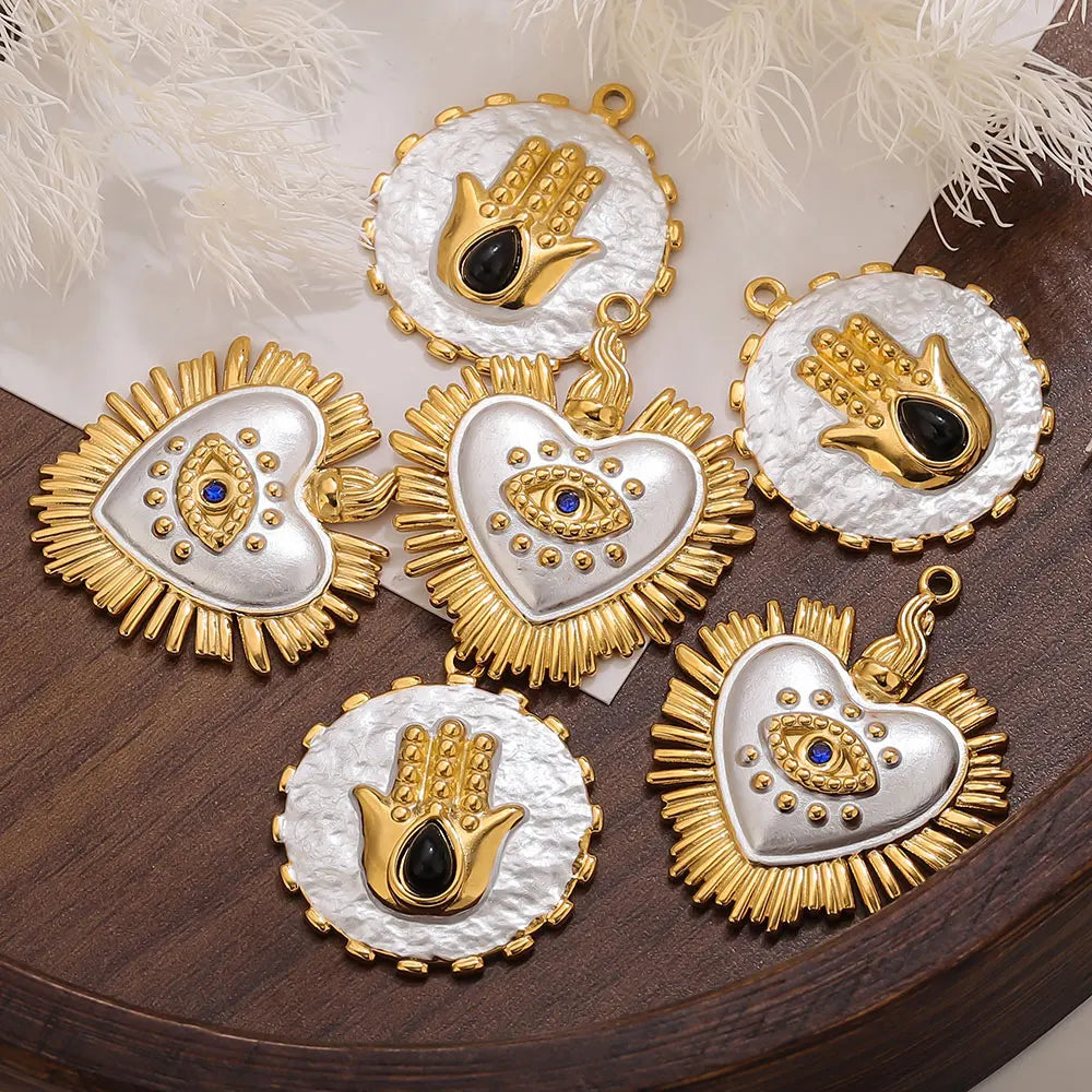 2PCS Gold-Plated Stainless Steel Charms Hand Evil Eye Heart Pendant Accessories For DIYJewelry Earrings Making Supplies Finding