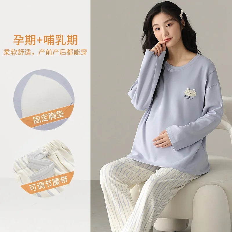 Pure Cotton Maternity Pajama Set Bra Free Nursing Pjs Women Breastfeeding Pregnancy Postpartum Clothes Long Sleeve Top & Pant