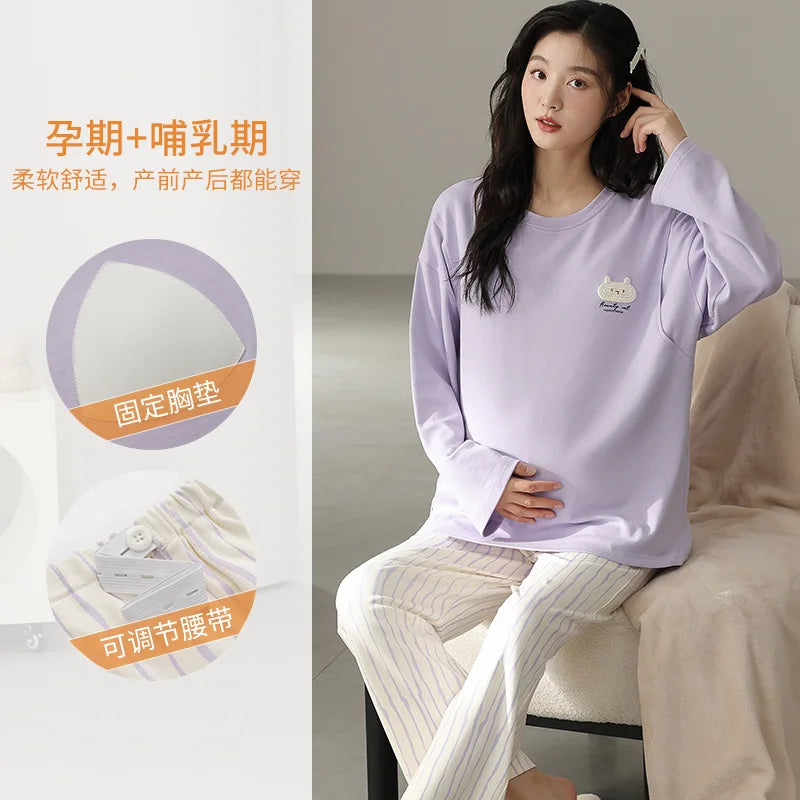 Pure Cotton Maternity Pajama Set Bra Free Nursing Pjs Women Breastfeeding Pregnancy Postpartum Clothes Long Sleeve Top & Pant