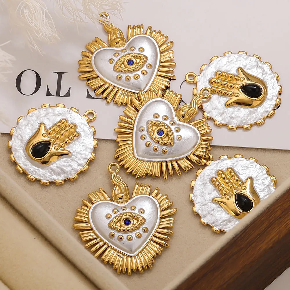 2PCS Gold-Plated Stainless Steel Charms Hand Evil Eye Heart Pendant Accessories For DIYJewelry Earrings Making Supplies Finding