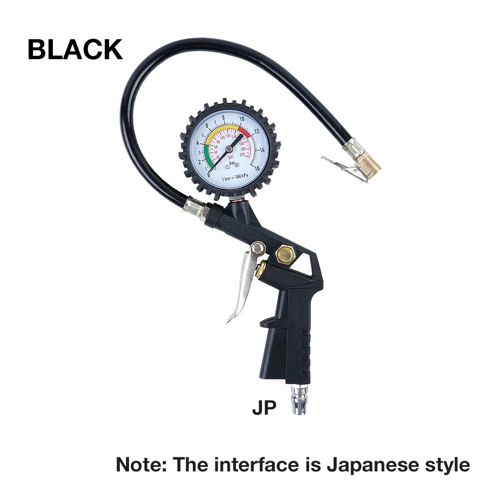 Tire Pressure Gauge, 0-220PSI/0-16Bar Dual Scale, with Rubber Hose, Auto Repair Tool, JP Interface, for Cars/Motorcycles/Trucks