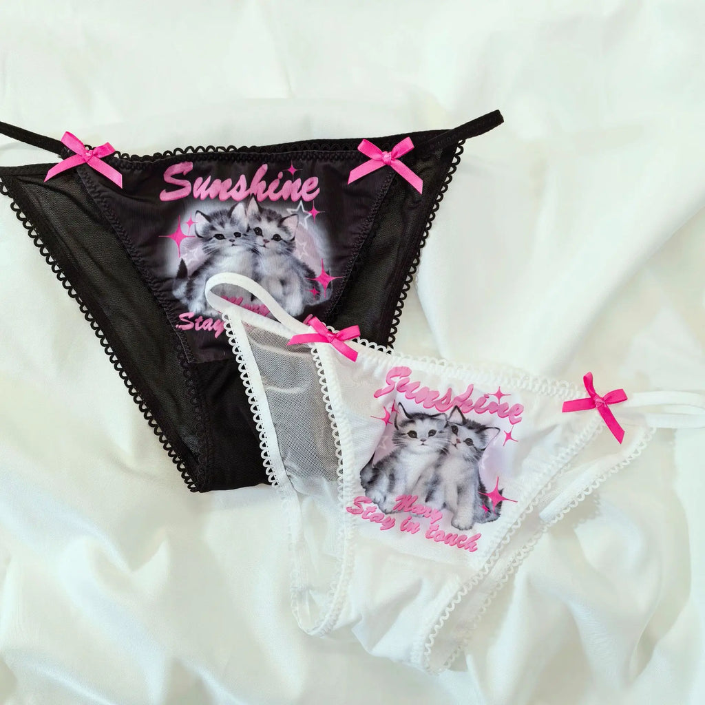 Cute Cat Girls Panties Thin Sexy Japanese Women Briefs Ice Silk Lady Thong Underwear Female Low Waist G String Lingerie