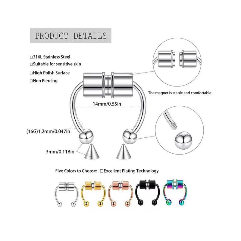 Punk Hip Hop Non-Pierced Magnetic Nose Ring For Ladies, Stainless Steel Clip On Fake Septum Jewelry Halloween Party Accessory