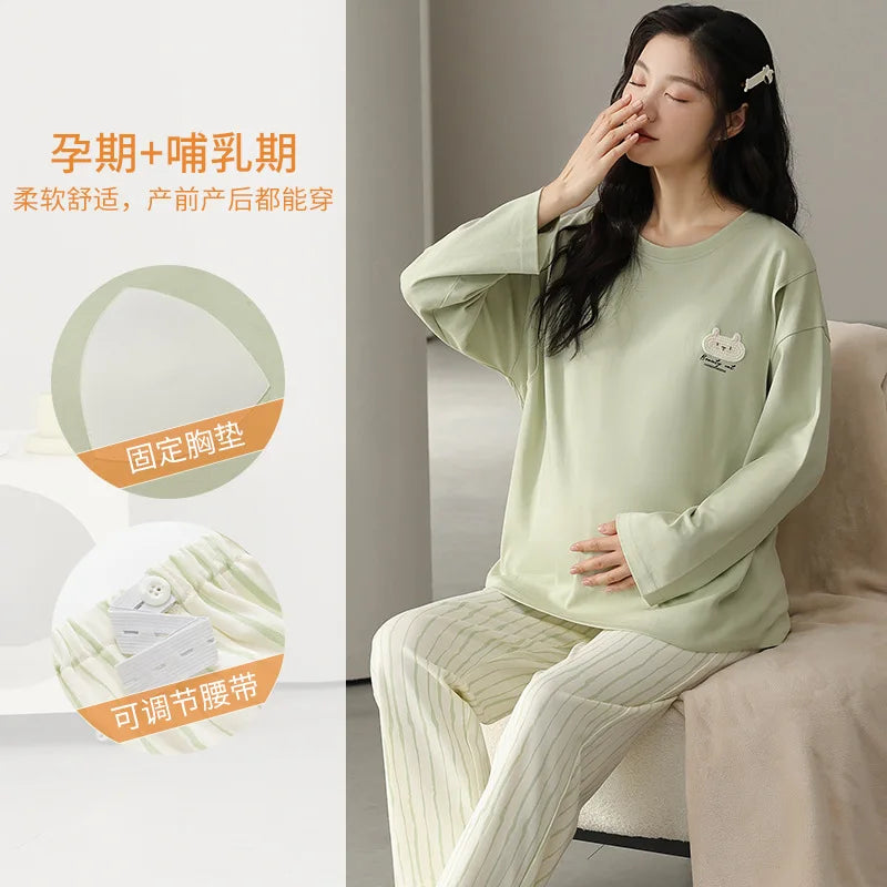 Pure Cotton Maternity Pajama Set Bra Free Nursing Pjs Women Breastfeeding Pregnancy Postpartum Clothes Long Sleeve Top & Pant