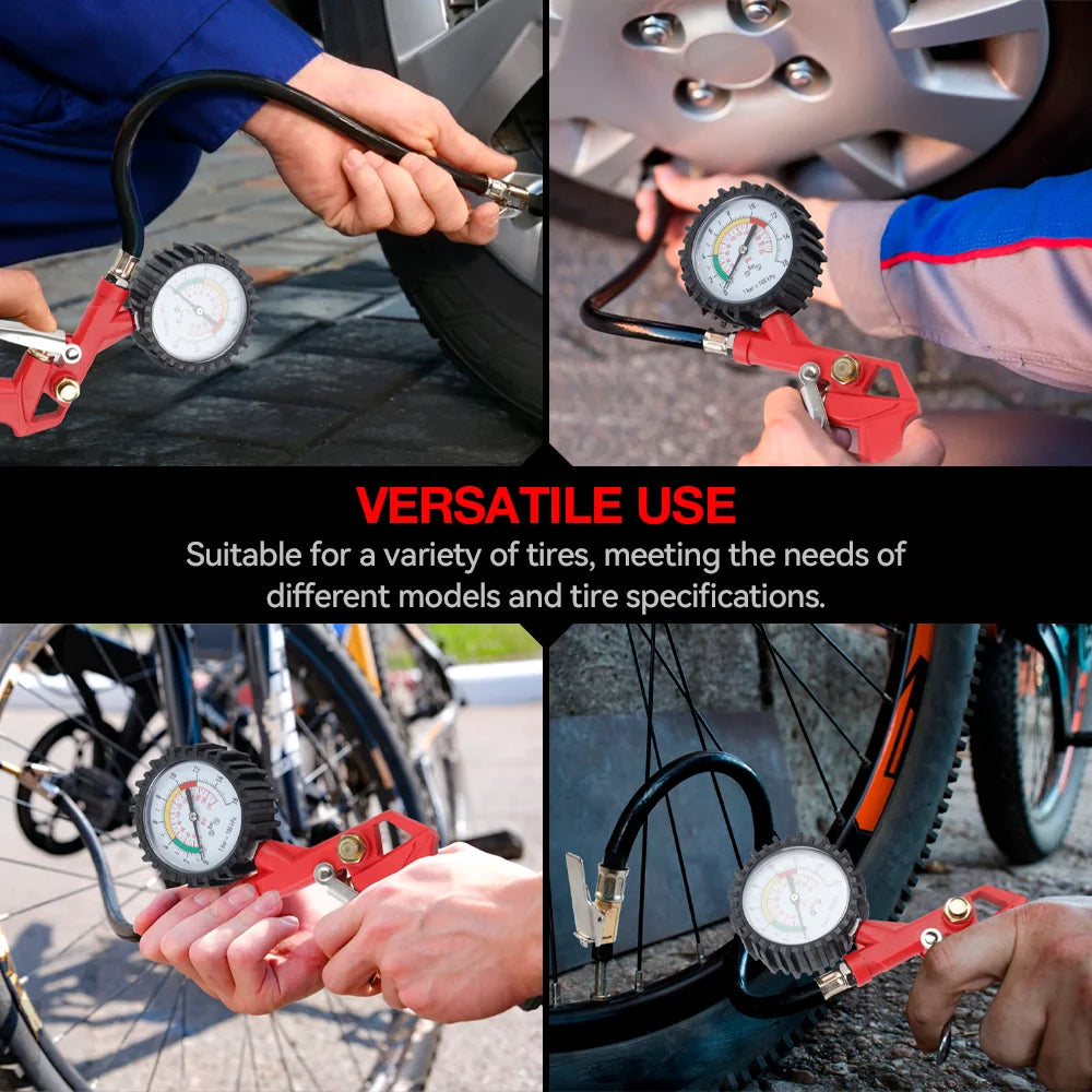 Tire Pressure Gauge, 0-220PSI/0-16Bar Dual Scale, with Rubber Hose, Auto Repair Tool, JP Interface, for Cars/Motorcycles/Trucks