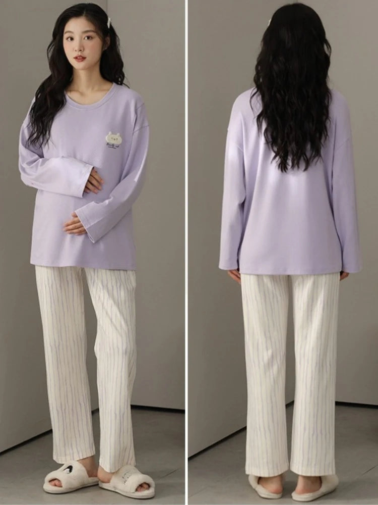 Pure Cotton Maternity Pajama Set Bra Free Nursing Pjs Women Breastfeeding Pregnancy Postpartum Clothes Long Sleeve Top & Pant