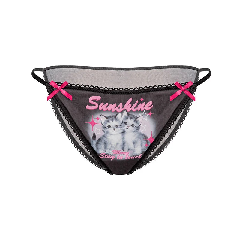 Cute Cat Girls Panties Thin Sexy Japanese Women Briefs Ice Silk Lady Thong Underwear Female Low Waist G String Lingerie