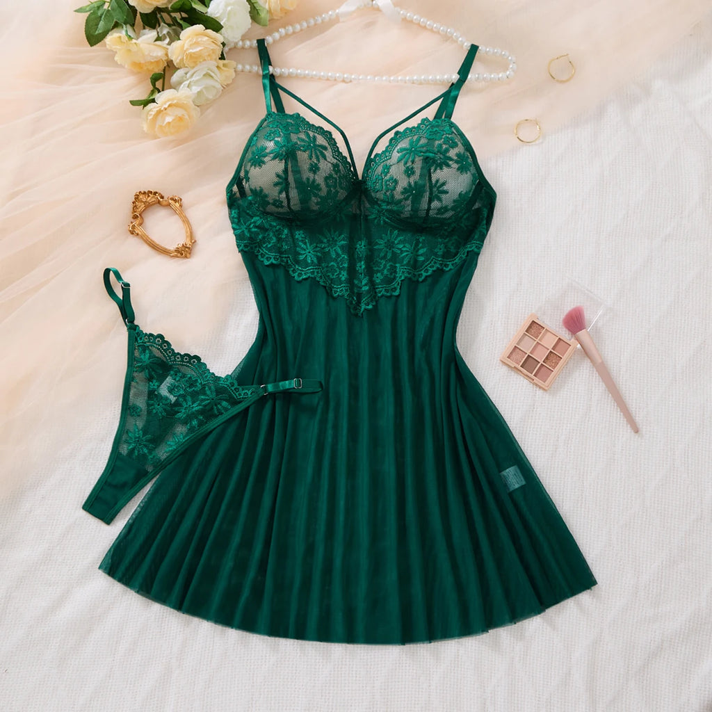 Green Floral Lace Babydoll Lingerie Set Women Double Strap Sheer Mesh Night Dress With Thong Ladies Sleepwear ZA825096