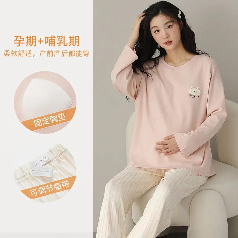 Pure Cotton Maternity Pajama Set Bra Free Nursing Pjs Women Breastfeeding Pregnancy Postpartum Clothes Long Sleeve Top & Pant