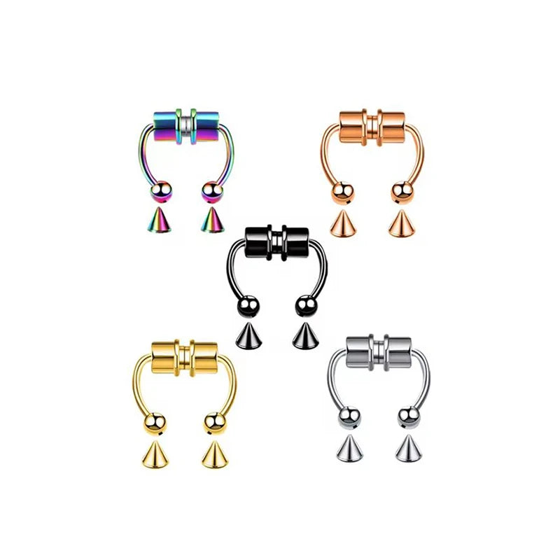 Punk Hip Hop Non-Pierced Magnetic Nose Ring For Ladies, Stainless Steel Clip On Fake Septum Jewelry Halloween Party Accessory