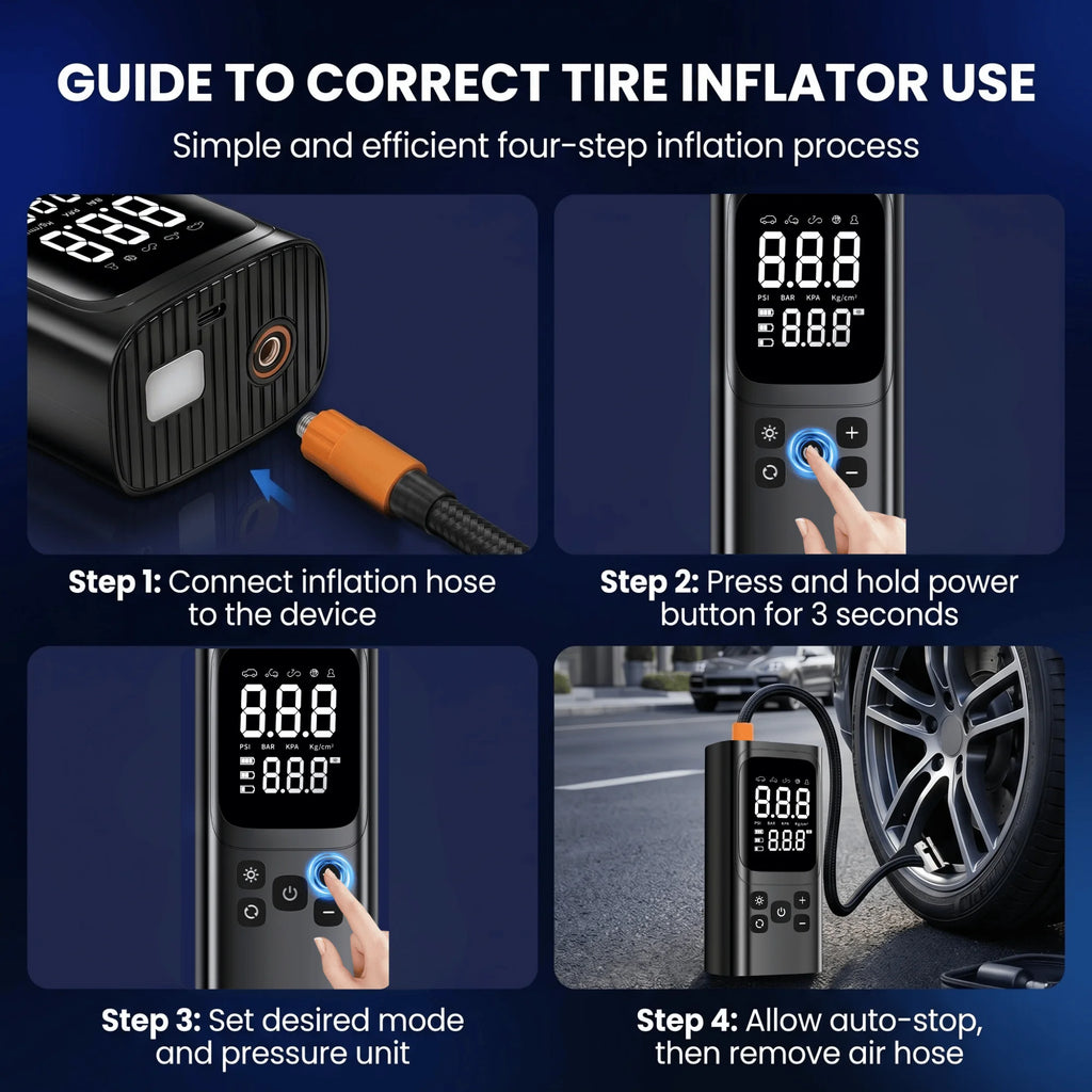 3X Faster Cordless Tire Inflator, 150PSI Portable Car Air Compressor Pump with Digital Gauge for Motorcycle, Bike, and Car Tires