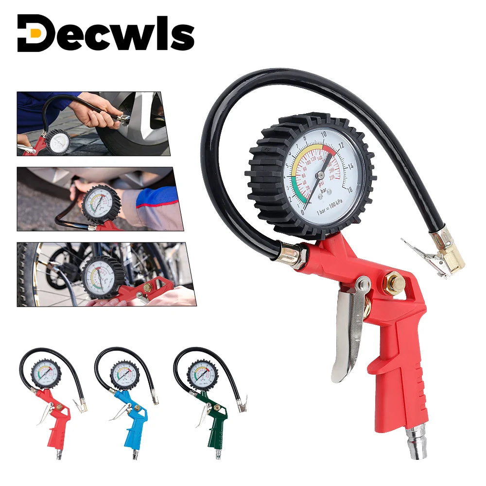 Tire Pressure Gauge, 0-220PSI/0-16Bar Dual Scale, with Rubber Hose, Auto Repair Tool, JP Interface, for Cars/Motorcycles/Trucks