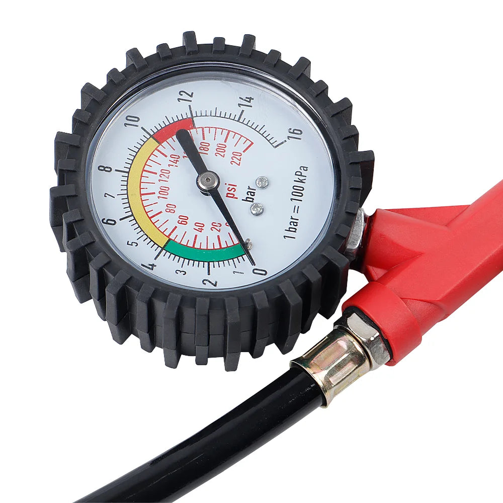 Tire Pressure Gauge, 0-220PSI/0-16Bar Dual Scale, with Rubber Hose, Auto Repair Tool, JP Interface, for Cars/Motorcycles/Trucks