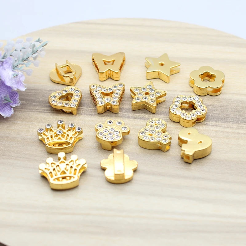 30PC/lot Hole 10MM Heart Star Slide Charm Paw Butterfly Crown DIY Charms for 10mm Bracelet Wristband Jewelry Making