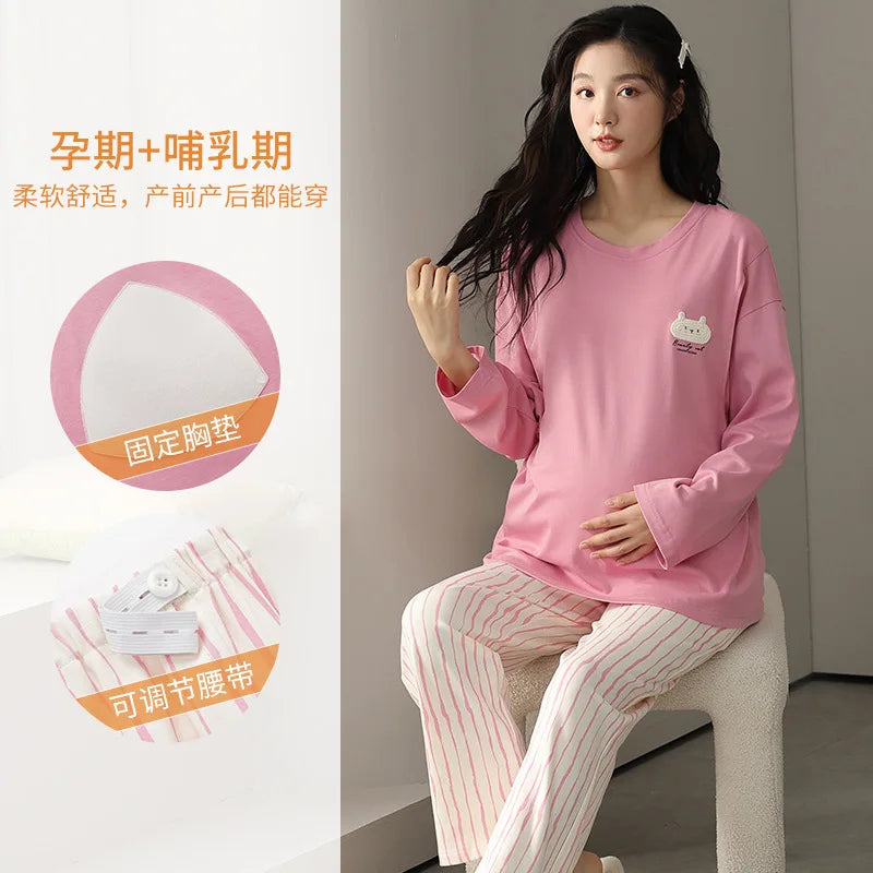 Pure Cotton Maternity Pajama Set Bra Free Nursing Pjs Women Breastfeeding Pregnancy Postpartum Clothes Long Sleeve Top & Pant