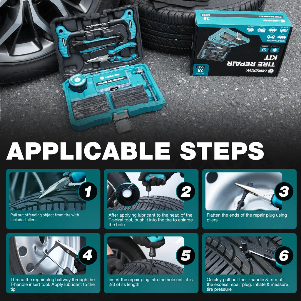 Libraton 78PCS Car Tire Repair Kit Heavy Duty Professional Tire Plug Kit Repair Tools For Fix Car Motorcycle SUV Truck Tire Plug