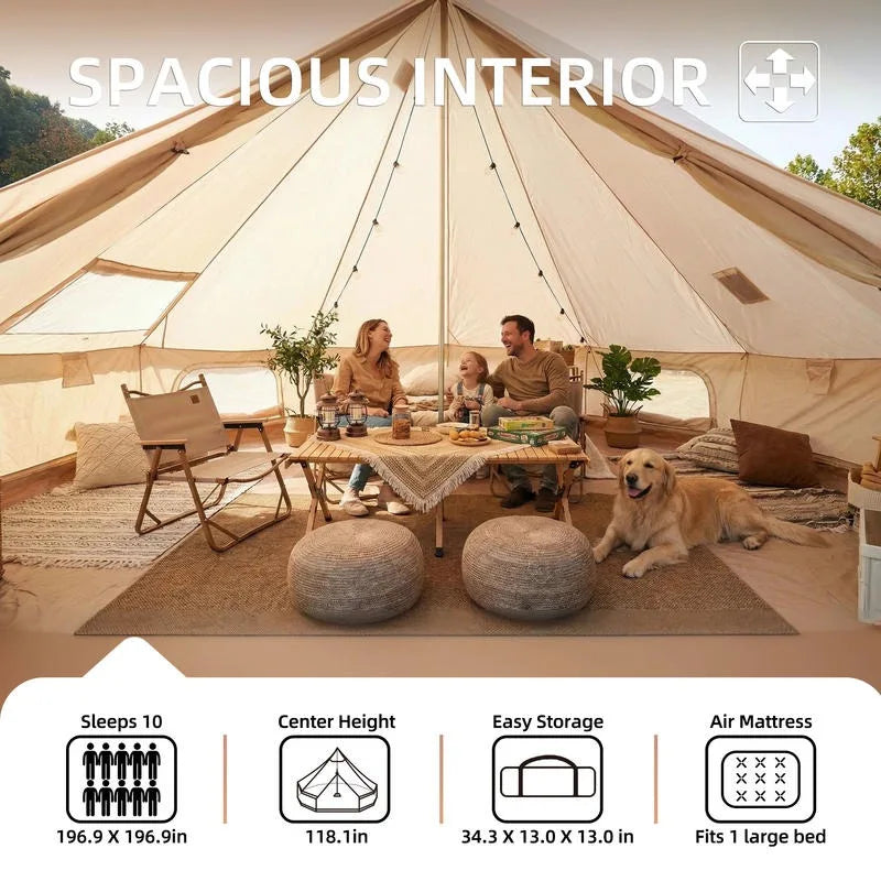 4 Season Bell Tent 16.4FT, Beige Waterproof Glamping Yurt Tent with Stove Jack, Fits 10 People Family Camping Tent for Outdoor Parties & Camping