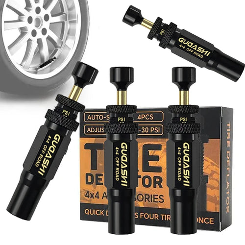 (10-30 PSI) 4 PCS Adjustable Auto-Stop Tire Deflator Valve Kit 4x4 Screw-on Tyre Air Down Tool for Vehicles Motorcycle Offroad