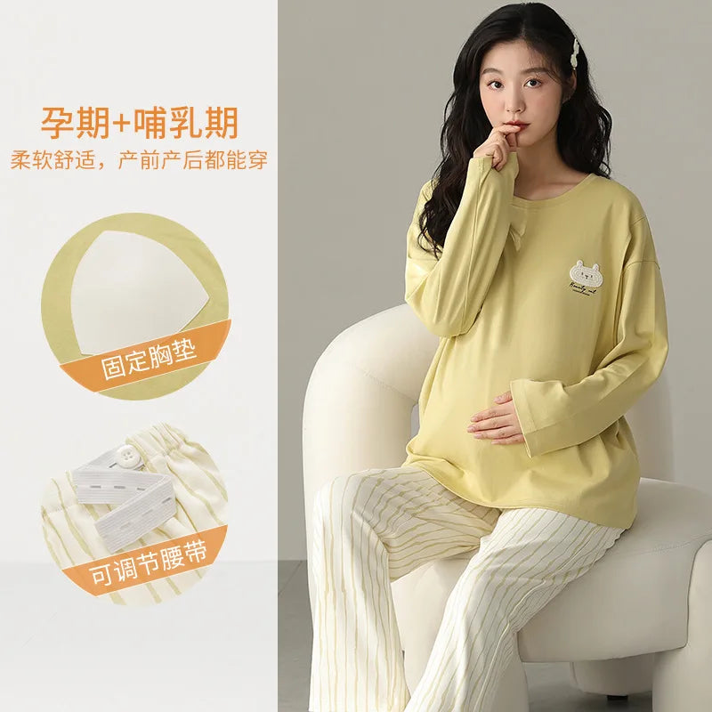 Pure Cotton Maternity Pajama Set Bra Free Nursing Pjs Women Breastfeeding Pregnancy Postpartum Clothes Long Sleeve Top & Pant