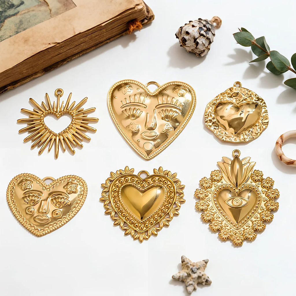 5Pcs PVD Gold Stainless Steel Heart Charms Boho Enamel Sunflower Pendants For DIY Jewelry Findings For Bracelet Necklace Making